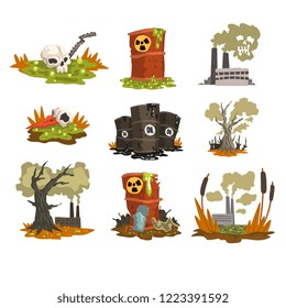 Ecological problems set, pollution of water, earth, air, environmental pollution concept vector Illustration on a white background