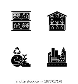 Ecological Production Flat Design Long Shadow Glyph Icons Set. Vertical Garden. Greenhouse Professional Production. Street Landscaping. Urban Farming. Silhouette Symbols. Vector Isolated Illustration