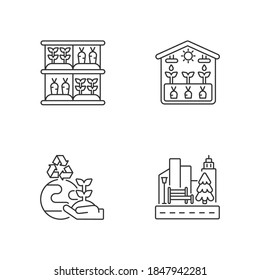 Ecological production linear icons set. Vertical garden. Greenhouse professional production. Customizable thin line contour symbols. Isolated vector outline illustrations. Editable stroke