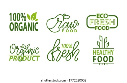 Ecological production vector, organic food and high quality ingredients flat style. Isolated set of logotypes and emblems with flora and foliage leaves