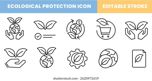 ecological protection icon set, symbol of carbon and eco-friendly shopping, customizable stroke, vector, illustration