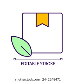 Ecological purchase RGB color icon. Sustainable packaging. Environmental friendly material. Zero waste. Isolated vector illustration. Simple filled line drawing. Editable stroke. Arial font used