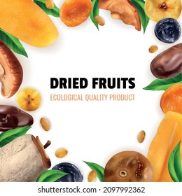Ecological quality product colorful background with frame consisting of realistic dried fruits vector illustration