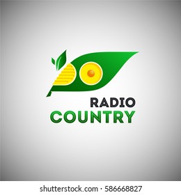 Ecological radio logo template with green leaf silhouette
