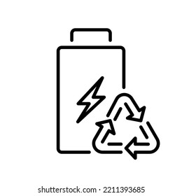 Icono de línea de acumulador ecológico renovable. Pictograma lineal de energía de electricidad verde. Símbolo de contorno de flechas de triángulo de la batería ecológica recargable. Stroke editable. Ilustración de vectores aislados.