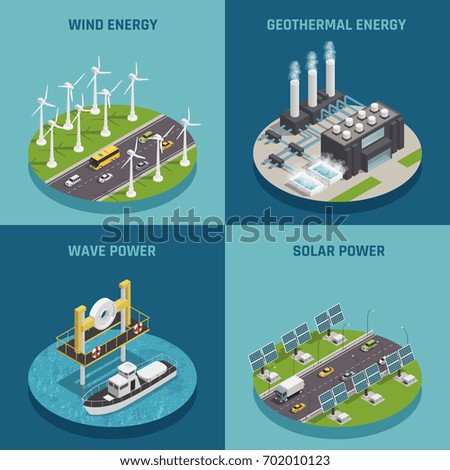  Ecological renewable green energy sources 4 isometric icons square poster with wind solar and power isolated vector illustration 