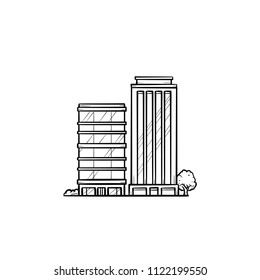 Ecological residential building hand drawn outline doodle icon. Modern residential condominium with trees around as green housing technology and ecologically clean area concept. Vector illustration.