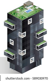 Ecological residential multi-storey complex or hotel. Isometric diagram of vector graphics.