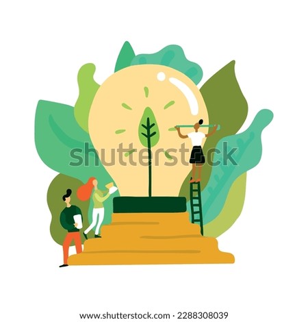 Ecological restoration energy saving flat composition with human characters and light bulb vector illustration