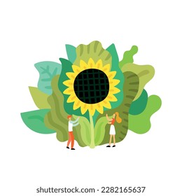 Restauración ecológica Composición plana con plantas verdes girasol e ilustración vectorial de la gente