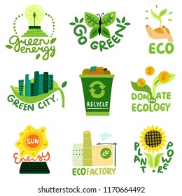 Ecological restoration flat emblems sun energy eco factory recycling of waste and green city isolated vector illustration   