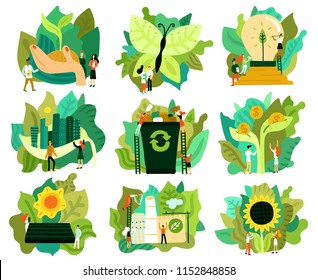 Conjunto de restauraciones ecológicas de iconos planos que ahorran bosque energía ecológica ciudad ecológica aislada ilustración vectorial  