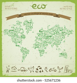 Ecological retro design concept with earth map include 36 eco line icons of biological hazard recycling wood house electromobile vector illustration