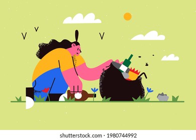 Ecological saving and eco-sustainable lifestyle concept. Young smiling girl volunteer cartoon character picking up trash in park from grass vector illustration 