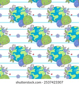 Ecological seamless pattern. Cute cartoon turtle with planet Earth and flowers on white striped background. Concept green lifestyle, conservation, protection nature and animals. Vector illustration