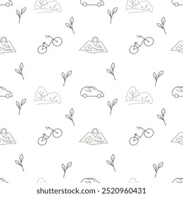 Ecological seamless vector pattern safe the Earth, planet, map, travel, geolocation, bike, weather, car on road. Eco friendly life, environment, country, nature. green energy lifestyle