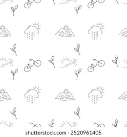 Ecological seamless vector pattern safe the Earth, planet, map, travel, geolocation, bike, weather, rain, clouds, sun. Eco friendly life, environment, country, nature. green energy lifestyle