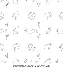Ecological seamless vector pattern safe the Earth, planet, leaves, house, weather, rain, clouds, sun. Eco friendly life, environment, country, nature. green energy lifestyle