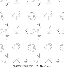 Ecological seamless vector pattern safe the Earth, planet, leaves, house, weather, rain, clouds, sun. Eco friendly life, environment, country, nature. green energy lifestyle