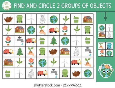 Ecological seek and find game with traditional symbols. Attention skills training puzzle with zero waste concept. Earth day printable activity. Eco awareness searching puzzle. Find groups of objects