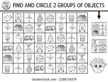 Ecological seek and find game with traditional symbols. Black and white attention skills training puzzle with zero waste concept. Earth day printable activity or coloring page for kids

