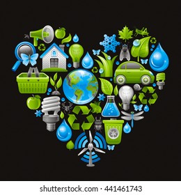 Ecological set with green icons on black background for environment protection concept. Recycling symbol, Earth globe, garbage can, electric car, light bulb, insect, organic food, wind turbine, water