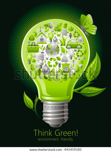 Ecological set with green icons on black background\
for environment protection concept with green lightbulb, sprout and\
butterfly. Recycling icon, Earth globe, garbage can, electric car,\
organic food