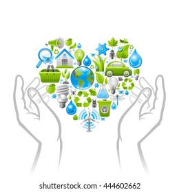 Ecological set with human hands and icons. Environment protection concept with recycling symbol, Earth globe, garbage can, electric car, light bulb, insect, wind turbine, water, organic food, water
