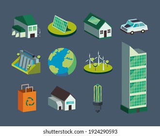 Ecological set of icons isometric design, Save energy power eco sustainable and environmental theme Vector illustration