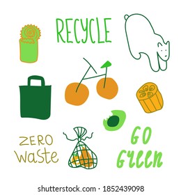 Ecological set of illustrations in green and orange shades.Clip art polar bear,bike,paper bag, avocado,bag of vegetables,sponge,go green,zero waste.Collection of eco goods.Design for packaging,web.