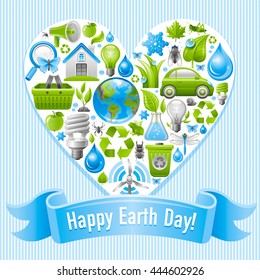 Ecological set poster design with icons in heart for Earth day or other environment protection concept. Recycling symbol, Earth globe, garbage can, electric car, light bulb, insect, wind turbine