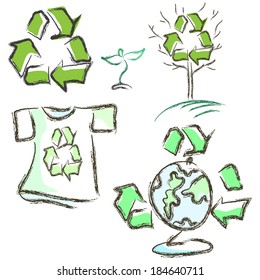 ecological set. sweatshirt, tree and globe with recycling signs