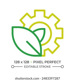 Ökologische Einstellungen zweifarbige Linie Symbol. Blätter und Zahnräder zweifarbige Umrisssymbol. Nachhaltiges Ingenieurwesen. Grüne Technologie. Lineares Zweiton-Piktogramm. Einzeldarstellung. Bearbeitbarer Strich