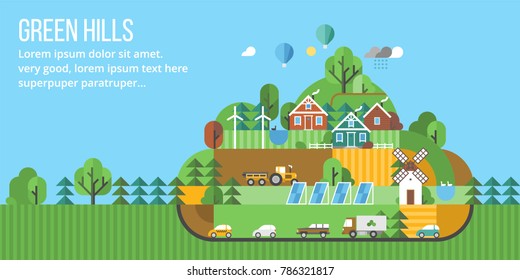 Ecological settlement outside the city. Green hills. Development of agriculture. Alternative energy sources.