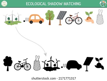 Ecological shadow matching activity with alternative energy sources and transport. Earth day puzzle. Find correct silhouette printable worksheet or game. Eco awareness page for kids
