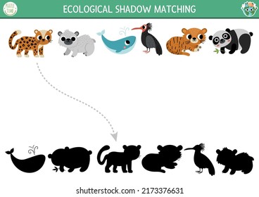 Ecological shadow matching activity with endangered species. Earth day puzzle. Find correct silhouette printable worksheet or game. Eco awareness page for kids with extinct animals
