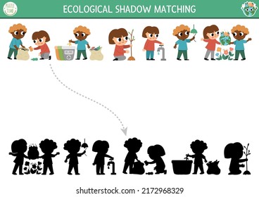 Ecological shadow matching activity with kids caring of environment. Earth day puzzle. Find correct silhouette printable worksheet or game. Eco awareness page for kids
