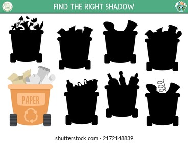 Ecological shadow matching activity with waste sorting concept. Earth day puzzle. Find correct silhouette printable worksheet or game. Eco awareness page for kids with rubbish bins
