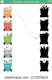 Ecological Shadow Matching Activity With Waste Sorting Concept. Earth Day Puzzle. Find Correct Silhouette Printable Worksheet Or Game. Eco Awareness Page For Kids With Rubbish Bins
