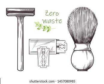 Ecological shaving kit. Zero waste. Metal razor and wooden brush. Vector illustration