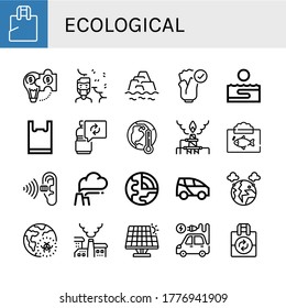 conjunto de iconos ecológicos simples. Contiene iconos como bolsa de plástico, solución híbrida, contaminación del aire, calentamiento, natural, talasoterapia, reutilización, se pueden usar para web, móvil y logotipo