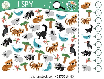 Ecological I spy game for kids. Searching and counting activity with extinct animals. Earth day printable worksheet for preschool children. Simple eco awareness puzzle with endangered animals
