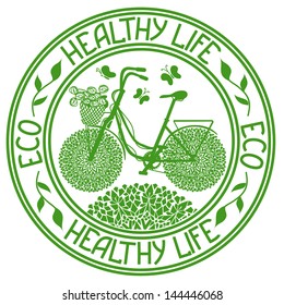 Ecological stamp with bicycle and text healthy life