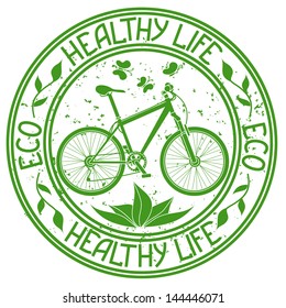 Ecological stamp with bicycle and text healthy life