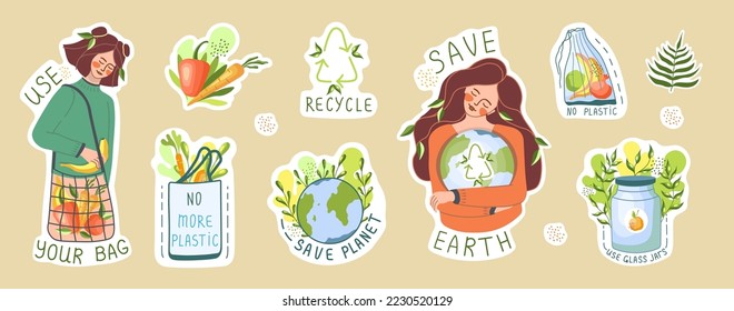 Ecological sticker pack. Environment protection, sustainability concept. Slogans: no more plastic, save planet, use your bag. Reuse. Recycle. Vector illustration.