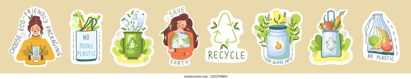 Ecological sticker pack. Environment protection, sustainability concept. Slogans: no more plastic, save planet, use your bag. Reuse. Recycle. Vector illustration.
