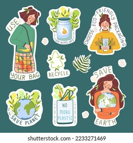 Ecological sticker pack. Environment protection, sustainability concept. Slogans: no more plastic, save planet, use your bag. Reuse. Recycle. Vector illustration.