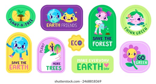 Ecological sticker set about planting trees. Cartoon vector environmental sticker collection for kids.