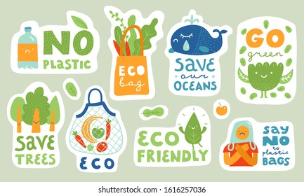Ecological stickers. Collection of ecology stickers with slogans - no plastic, eco bag, save our oceans, save trees, eco friendly, say no to plastic bags. Bundle of bright vector design elements.