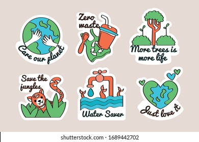 Ecological stickers. Collection of ecology stickers with slogans